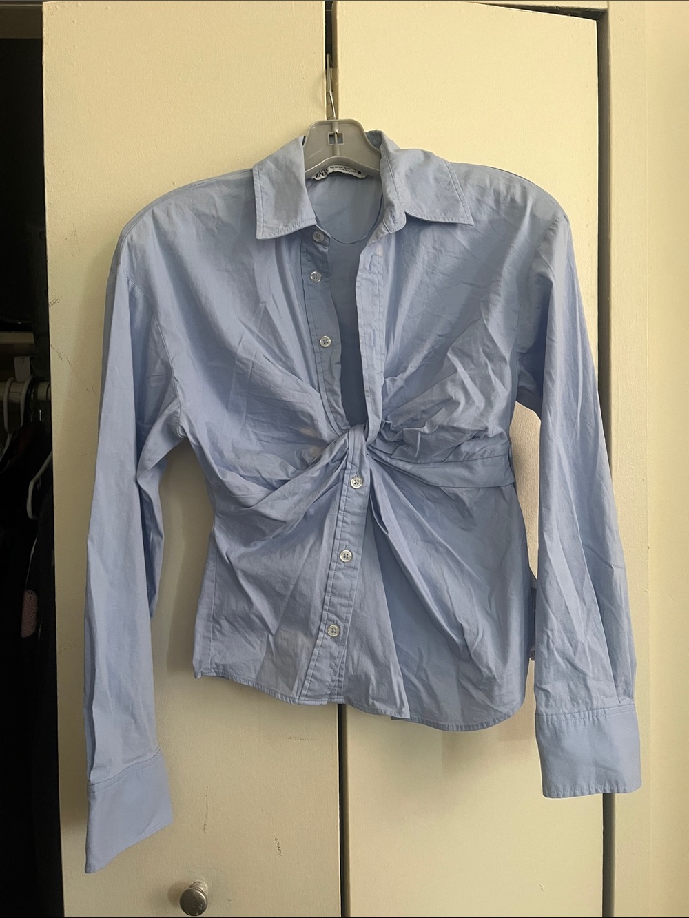 Zara Light Blue Twisted Front Button-Down Blouse